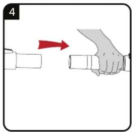 Illustration of a hand holding a pipe fitting with a red arrow indicating direction (no text or symbols)
