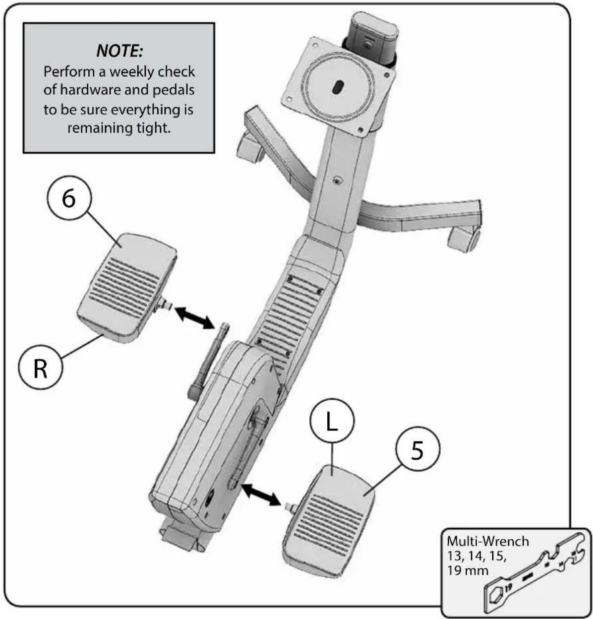 NOTE: Perform a weekly check of hardware and pedals to be sure everything is remaining tight. 6 R L 5 Multi-Wrench 13, 14, 15, 19 mm