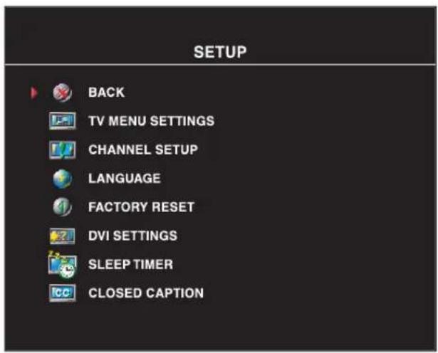 SETUP BACK TV MENU SETTINGS CHANNEL SETUP LANGUAGE FACTORY RESET DVI SETTINGS SLEEP TIMER CLOSED CAPTION