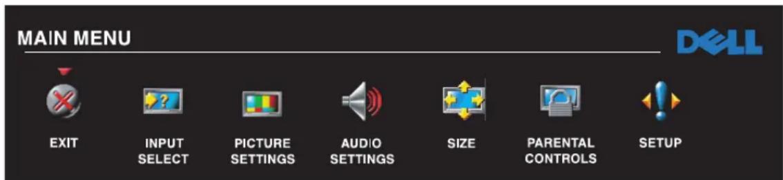 MAIN MENU DELL EXIT INPUT SELECT PICTURE SETTINGS AUDIO SETTINGS SIZE PARENTAL CONTROLS SETUP