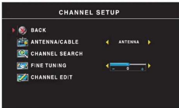 CHANNEL SETUP BACK ANTENNA/CABLE CHANNEL SEARCH FINE TUNING CHANNEL EDIT