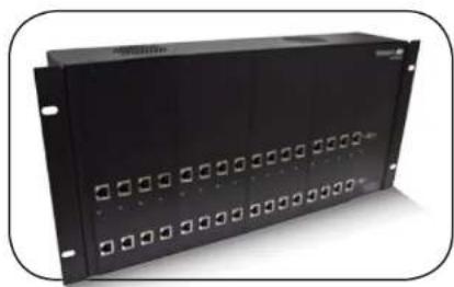 Front view of a black rack-mounted server unit with multiple square button indicators (no visible text or labels)