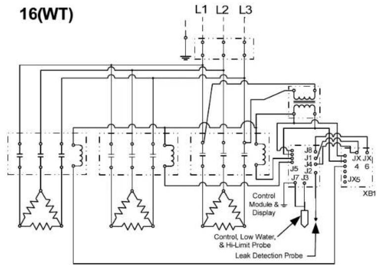 16(WT) L1 L2 L3 J8 J1 J5 J2 J7 J3 Control Module & Display Control, Low Water, & Hi-Limit Probe Leak Detection Probe JX JX 4 6 JX5 XB1