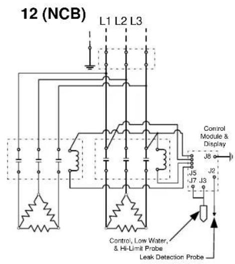 12 (NCB) L1 L2 L3 Control Module & Display J8 J5 J7 J3 Control, Low Water, & Hi-Limit Probe Leak Detection Probe