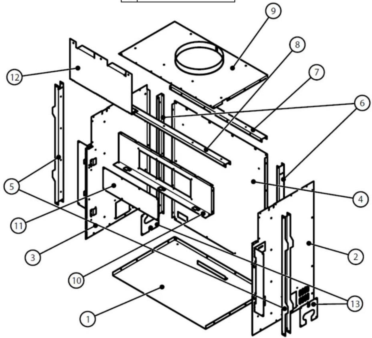 Exploded view diagram of a computer case with numbered components for identification