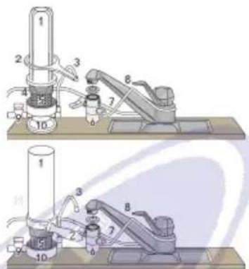 Technical diagram showing two mechanical assembly setups with numbered components and labeled parts