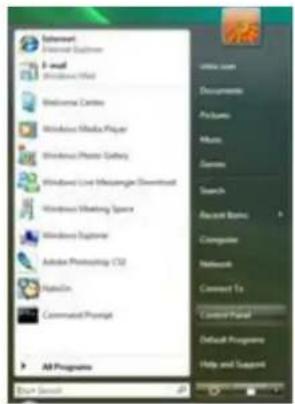 Internet Microsoft Explorer I-mail Windows Notepad Welcome Cines Windows Media Player Windows Phone Gallery Windows User Miscellaneous Download Windows Networking Space Windows Explorer Adobe Photoshop CS2 Status Command Prompt All Programs Start Search Internet Documents Products Music Games Search Recent Status Computer Networks Connect To: Control Panel Default Programs Help and Support