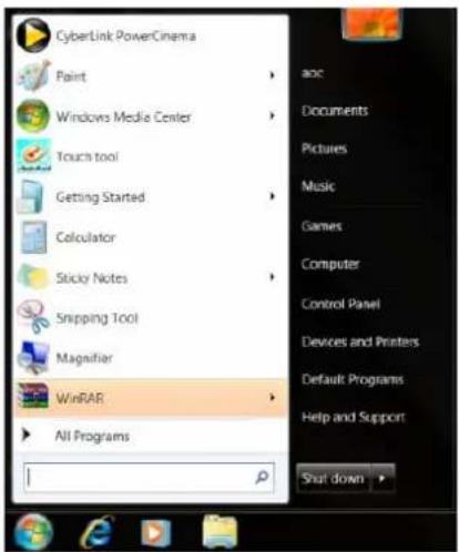 CyberLink PowerCinema Paint Windows Media Center Touch tool Getting Started Calculator Sticky Notes Snipping Tool Magnifier WinRAR All Programs aoc Documents Pictures Music Games Computer Control Panel Devices and Printers Default Programs Help and Support Shut down