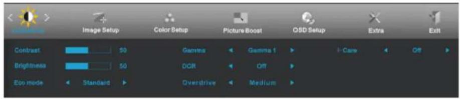 Image Setup Color Setup PictureBoost OSD Setup Extra Exit Contrast 50 Games Gamma 1 i-Care Off Brightness 50 DCR Off Eco mode Standard Overdrive Medium