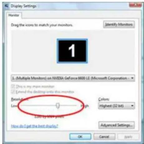 Display Settings Monitor Drag the icons to match your monitors. Identify Monitors 1 L (Multiple Monitors) on NVIDIA GeForce 9600 LE (Microsoft Corporation) This is my main monitor Extend the desktop units this monitor Resolution: Low High Colons: Highest (32 bit) Add by 4000 pixels How do I get the best display? Advanced Settings... OK Cancel Apply