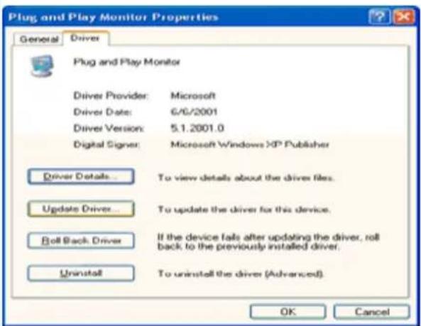 Plug and Play Monitor Properties General Driver Plug and Play Monitor Driver Provider: Microsoft Driver Date: 6/6/2001 Driver Version: 5.1.2001.0 Digital Signer: Microsoft Windows XP Publisher Driver Details... To view details about the driver files. Update Driver... To update the driver for this device. Roll Back Driver If the device fails after updating the driver, roll back to the previously installed driver. Uninstall To uninstall the driver (Advanced) OK Cancel
