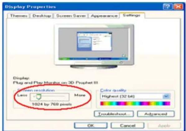 Display Properties Themes Desktop Screen Saver Appearance Settings Display: Plug and Play Monitor on 3D Prophet III Screen resolution More Less 1024 by 768 pixels Color quality Highest (32 bit) Troubleshoot... Advanced OK Cancel Apply