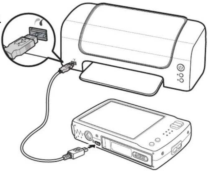 Diagram showing a printer connected to a digital device via cable, with an inset image of a device being inserted (no text or symbols present)