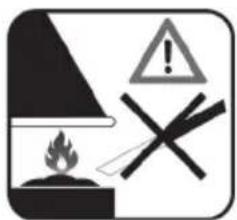 Warning symbol image showing a flame, warning sign, and crossed-out X mark with an exclamation mark