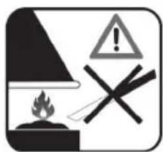 Warning sign with flame, warning triangle, and cross symbols indicating hazard or caution