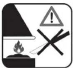 Warning sign with flame, warning triangle, and crossed-out X symbol indicating hazardous material