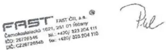 FAST FAST CH, a.s. Černokostelecká 1621, 251 01 Řečany ICO: 26726548 BI.: +420/ 323 204 111 DIC: CZ26726548 fax: +420/ 323 204 110 Pul