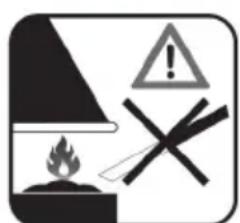 Warning sign with flame, warning triangle, and cross symbol indicating hazard or caution