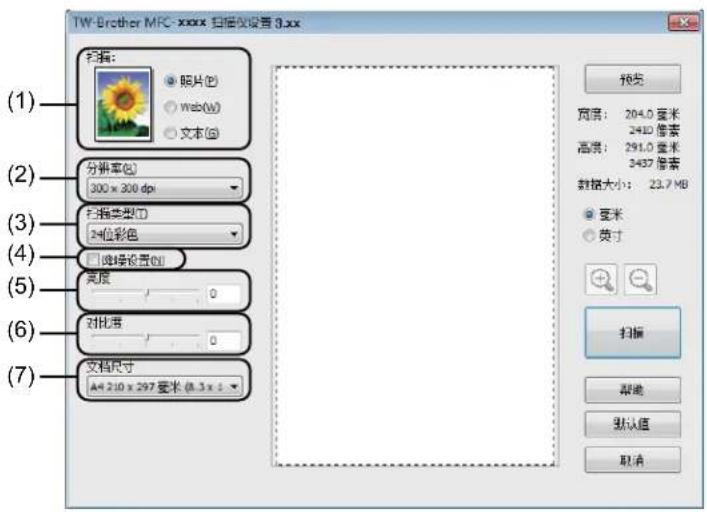 TW-Brother MFC-xxxx 扫描仪设置 3.xx (1) (2) (3) (4) (5) (6) (7) 扫描: 照片 (S) web (w) 文本 (B) 分辨率 (R): 300 x 300 dpi 扫描类型 (T): 24位彩色 网络设置 (U) 宽度 0 对比度 0 文档尺寸 A4 210 x 297 毫米 (A.3 x .1) 预览 宽度: 204.0 毫米 241D 像素 高度: 291.0 毫米 3437 像素 数据大小: 23.7 MB 毫米 英寸 扫描 取消 默认值 取消