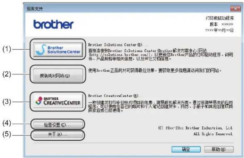 服务支持 打印机驱动程序 版本 XXXXX XXXX年X月X日 (1) Brother Solutions Center (B)... 直接连接到Brother Solutions Center (Brother解决方案中心) 网站 Http://solutions.brother.com/,以更新您Brother产品的打印驱动程序、说明书、产品规格等相关信息,以及其它文档信息。 (2) 原装耗材网站 (G)... 使用Brother正品耗材可获得最佳效果。要获取更多信息请访问我们的网站。 (3) BROTHER CREATIVECENTER Brother CreativeCenter (R)... 一种创建并打印专业照片项目的免费、向导联机解决方案。通过该简单易用的应用程序,可以使用您自己的照片和个人笔记创建景卡、百度、小册子和其他创意则向你家庭或公司使用。 (4) 检查设置 (C)... 关于 (A)... (C) 1Box-20xx Brother Industries, Ltd. All Rights Reserved. 确定 帮助 (F1)
