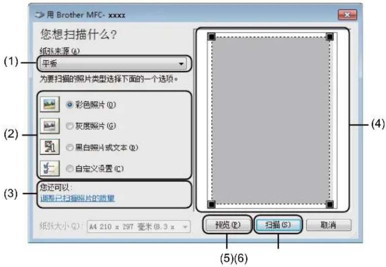 用 Brother MFC- xxxx 您想扫描什么? 纸张来源 (A) 平板 为要扫描的照片类型选择下面的一个选项。 (1) 彩色照片 (Q) 灰度照片 (G) 黑白照片或文本 (B) 自定义设置 (C) (2) 您还可以: 调整已扫描照片的质量 (3) 纸张大小 (E): A4 210 x 297 毫米 (8.3 x (4) 预览 (P) 扫描 (S) 取消 (5)(6)