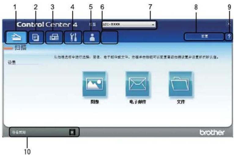 Control Center 4 1 2 3 4 5 6 7 8 9 MPC-XXXX 扫描 从扫描选项中进行选择:图像、电子邮件或文件。右键单击按钮可以配置高级扫描设置并设置新的默认值。 设置 图像 电子邮件 文件 查看帮助 10 brother