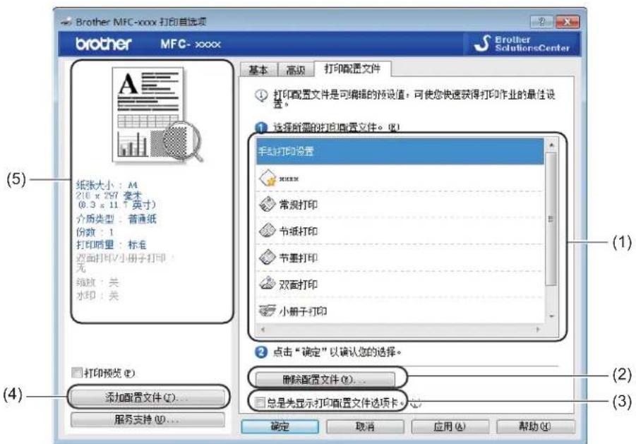 Brother MFC-xxxx 打印首选项 brother MFC-xxxx BROTHER SolutionsCenter 基本 高级 打印配置文件 ① 打印配置文件是可编辑的预设值,可使您快速获得打印作业的最佳设置。 ① 选择所需的打印配置文件。 (1) 手动打印设置 xxxxx 常规打印 节纸打印 节墨打印 双面打印 小册子打印 ② 点击“确定”以确认您的选择。 删除配置文件 (0)... 总是先显示打印配置文件选项卡。 ③ (5) 210 x 297 毫米 (8.3 x 11 英寸) 介质类型:普通纸 份数:1 打印项目:标准 双面打印/小册子打印: 无 缩放:关 水印:关 打印预览 (E) 添加配置文件 (I)... 服务支持 (U)... 确定 取消 应用 (A) 帮助 (H)