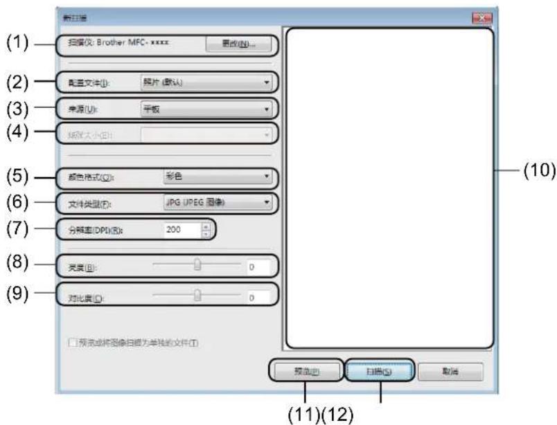 (1) 扫描仪: Brother MFC-xxxx 更改(N)... (2) 配置文件(I): 照片 (默认) 来源(U): 平板 (3) (4) (5) 颜色格式(O): 彩色 文件类型(T): JPG JPEG 图像 (6) 分辨率(DPI)(R): 200 (7) 亮度(B): 0 对比度(O): 0 (8) (9) 预览或将图像扫描为单独的文件(I) (10) 预览(P) 扫描(S) 取消 (11)(12)