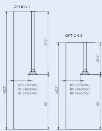 OPTION 1 47.2" 10" (2300W) 8" (3400W) 6" (4500W) 96" OPTION 2 143.2" 143.2" 10" (2300W) 8" (3400W) 6" (4500W) 96"