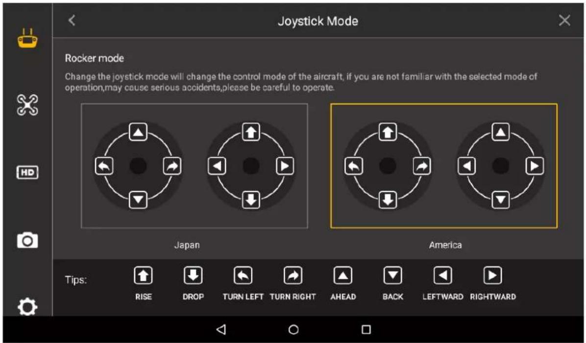 Joystick Mode Rocker mode Change the joystick mode will change the control mode of the aircraft, if you are not familiar with the selected mode of operation, may cause serious accidents, please be careful to operate. Japan America Tips: RISE DROP TURN LEFT TURN RIGHT AHEAD BACK LEFTWARD RIGHTWARD