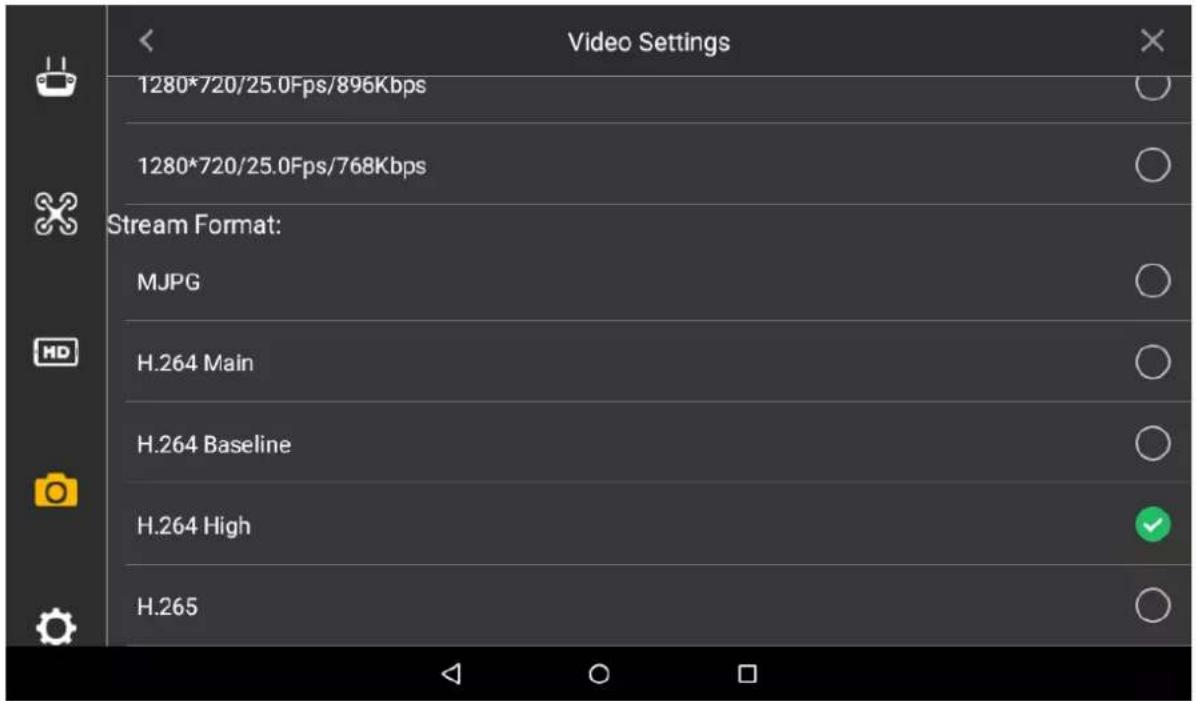 Video Settings 1280*720/25.0Fps/896Kbps 1280*720/25.0Fps/768Kbps Stream Format: MJPEG H.264 Main H.264 Baseline H.264 High H.265