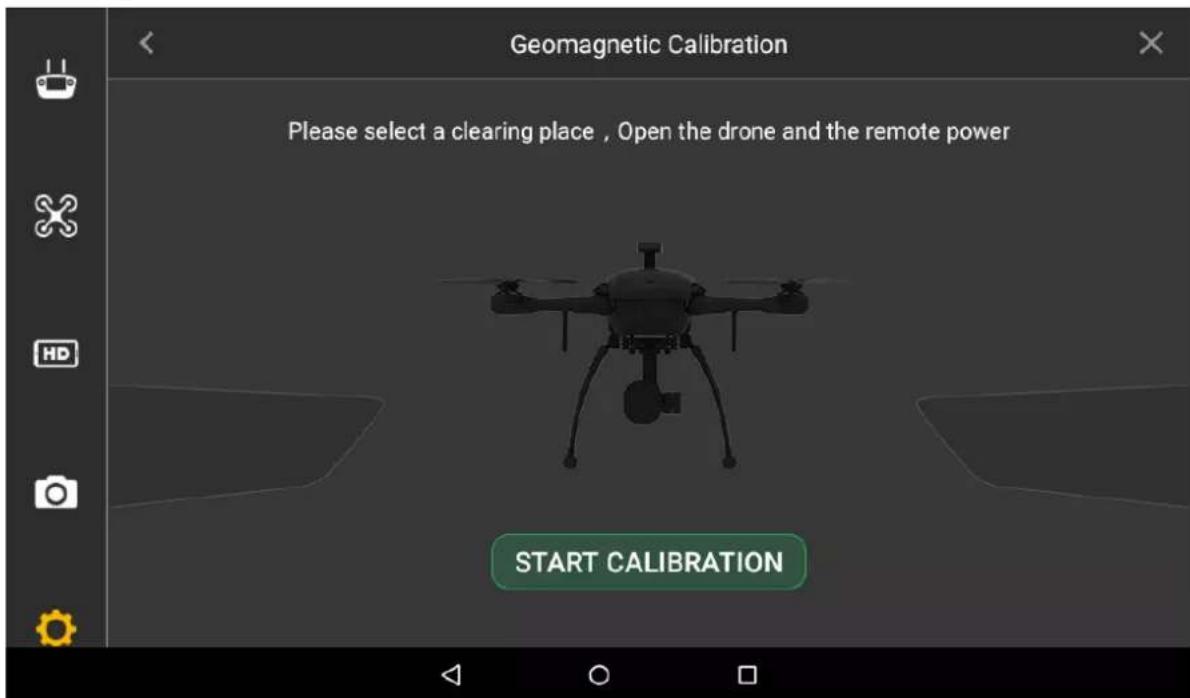 Geomagnetic Calibration Please select a clearing place, Open the drone and the remote power START CALIBRATION