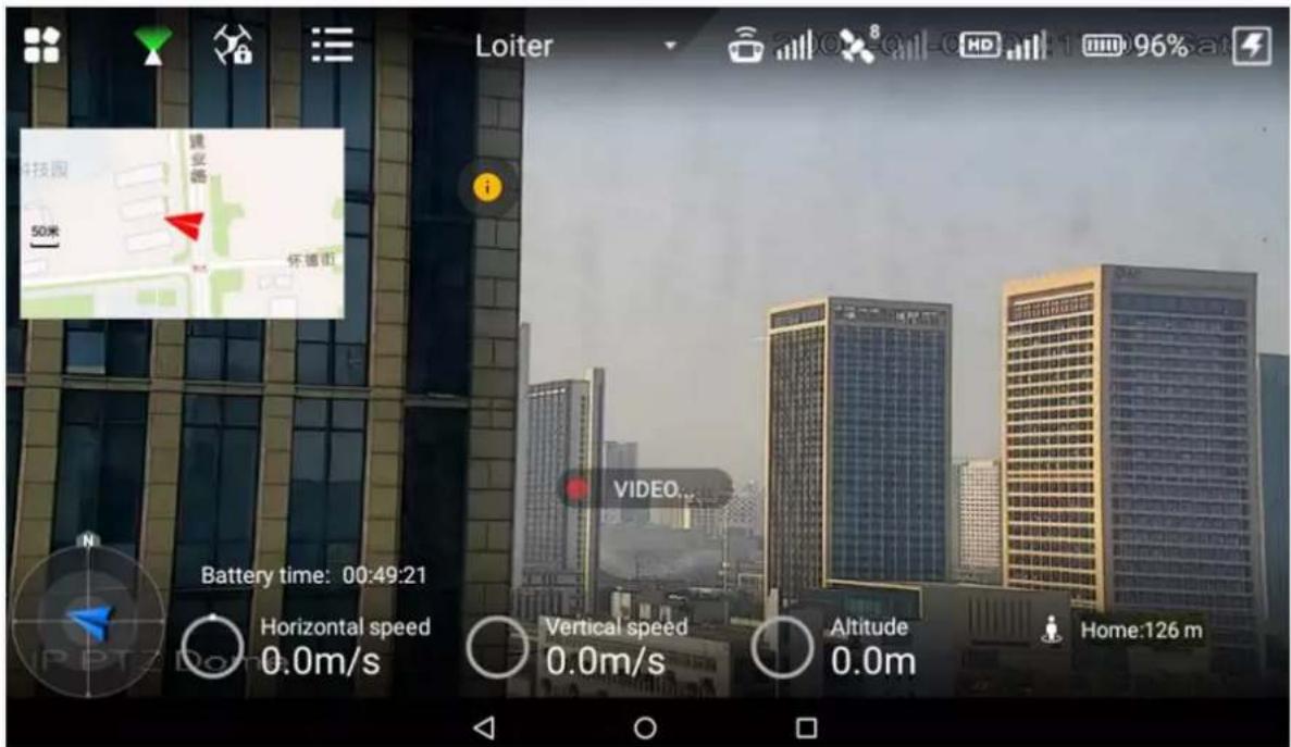 Loiter 96% at 科技园 50米 镜安路 怀德町 VIDEO... Battery time: 00:49:21 Horizontal speed 0.0m/s Vertical speed 0.0m/s Altitude 0.0m Home:126 m