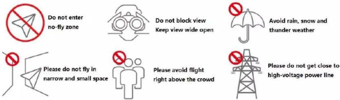 Do not enter no-fly zone Do not block view Keep view wide open Avoid rain, snow and thunder weather Please do not fly in narrow and small space Please avoid flight right above the crowd Please do not get close to high-voltage power line