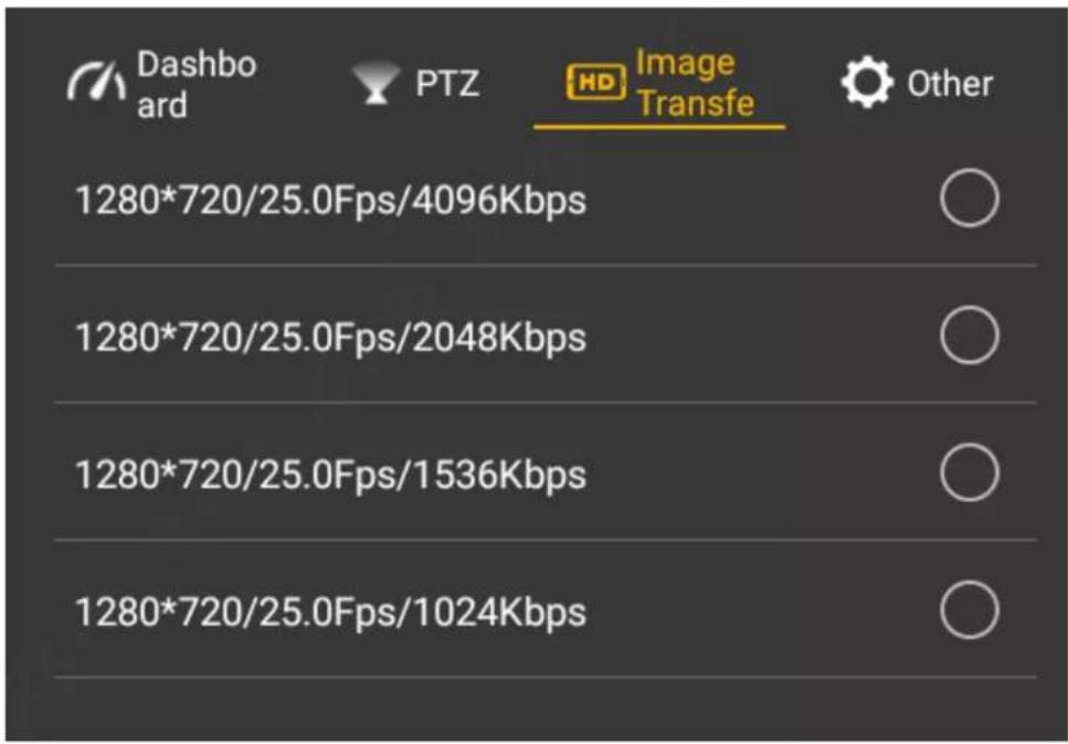 Dashboard PTZ Image Transfe Other 1280*720/25.0Fps/4096Kbps 1280*720/25.0Fps/2048Kbps 1280*720/25.0Fps/1536Kbps 1280*720/25.0Fps/1024Kbps