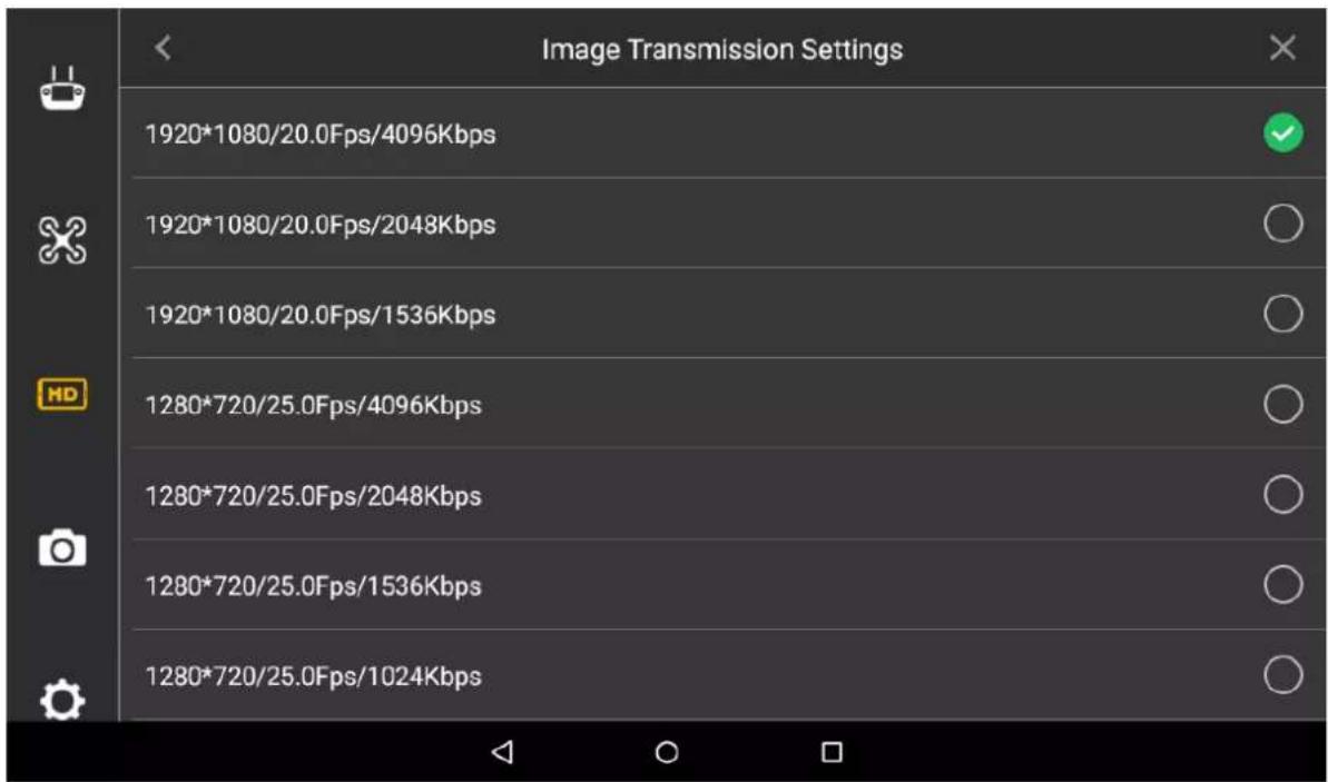 Image Transmission Settings 1920*1080/20.0Fps/4096Kbps 1920*1080/20.0Fps/2048Kbps 1920*1080/20.0Fps/1536Kbps 1280*720/25.0Fps/4096Kbps 1280*720/25.0Fps/2048Kbps 1280*720/25.0Fps/1536Kbps 1280*720/25.0Fps/1024Kbps