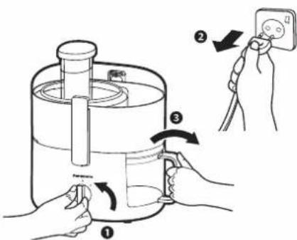 Diagram illustrating a water purifier with labeled components and a hand holding a power outlet, showing step-by-step instructions.