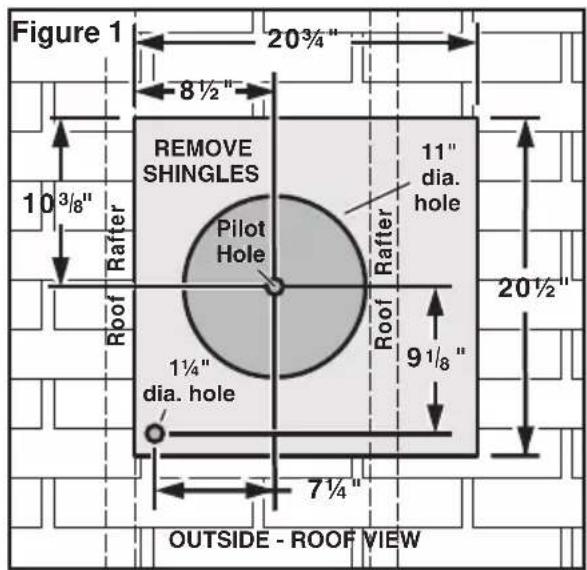 Figure 1 20¾" 8½" 10³/₈" Rafter REMOVE SHINGLES Pilot Hole 11" dia. hole Rafter Roof 9½" 20½" 1¼" dia. hole 7¼" OUTSIDE - ROOF VIEW