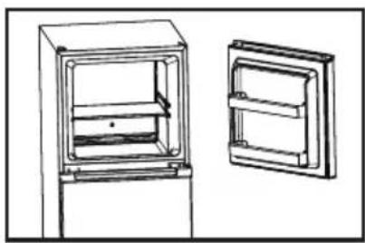 Technical line drawing of a refrigerator with open door and side panel (no text or symbols)