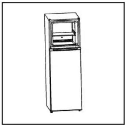 Line drawing of a tall rectangular refrigerator with a front panel and side shelves (no text or symbols)