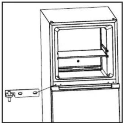 Technical line drawing of a cabinet or enclosure with a handle and mounting bracket (no text or symbols)