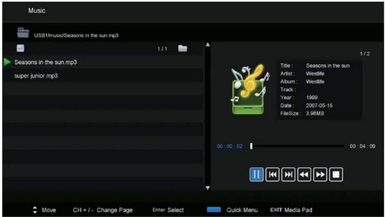 Music USB1/music/Seasons in the sun.mp3 Seasons in the sun.mp3 super junior.mp3 1 / 1 1 / 2 Title : Seasons in the sun Artist : Westlife Album : Westlife Track : Year : 1999 Date : 2007-05-15 FileSize : 3.98MB 00 : 00 : 02 00 : 04 : 09 Move CH + / - Change Page Enter Select Quick Menu EXIT Media Pad