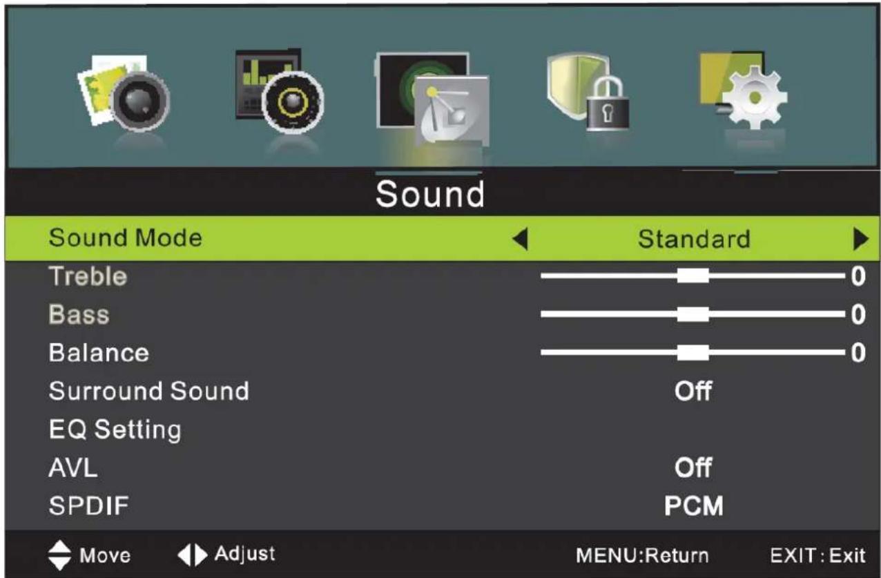 Sound Sound Mode Standard Treble 0 Bass 0 Balance 0 Surround Sound Off EQ Setting AVL Off SPDIF PCM Move Adjust MENU:Return EXIT : Exit