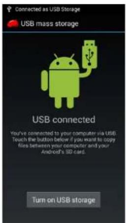Connected as USB Storage USB mass storage USB connected You've connected to your computer via USB. Touch the button below if you want to copy files between your computer and your Android's 3D card. Turn on USB storage