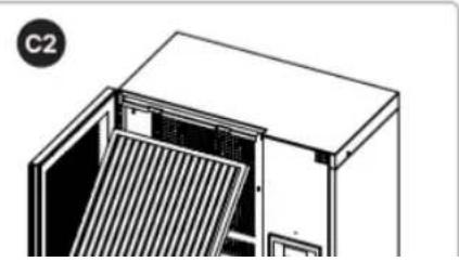 Diagram of a cabinet or enclosure with slatted doors and a lid, labeled C2 (no text or symbols on the diagram itself)