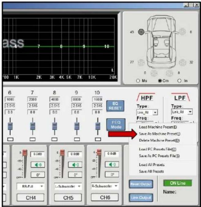 ass 6 7 8 9 10 L '00 1K 2K 3K 4K 5K 7K 10K 20K 6 7 8 9 10 1000 2000 4000 8000 1500X 2.515 2.515 2.515 2.515 0.0 0.0 0.0 0.0 EQ RESET HPF Type: Link_Rl Freq: LPF Type: Link_Rl Freq: Load Machine Preset(E) Save As Machine Preset(I) Delete Machine Preset(D) Load PC Presets File(S) Save As PC Presets File(S) Load All Presets Save All Presets Reset Output ON Line Name: CH4 CH5 CH6 R-Ru Subwoofer CH6