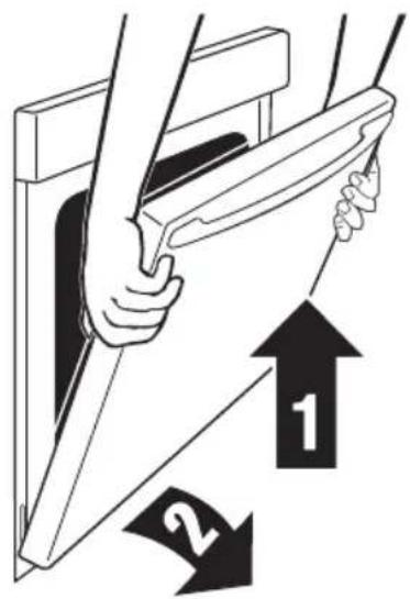 Diagram showing a hand holding a tool with two directional arrows labeled 1 and 2 indicating movement or force directions.