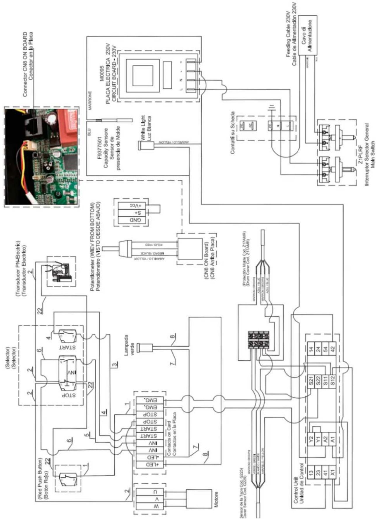 (Red Push Button) (Botón Rojo) 22 1 6 5 4 22 Transducer PN-Electric (Transductor Electrico) 2 2 2 Potentiometer (WIEV FROM BOTTOM) Potenciómetro (VISTO DESDE ABAJO) Lampada verde 7 8 (CN8 ON Board) (CN8 Antba Placa) MARRONE F9377501 Capacity Sensore Sensor de presencia de Molde M0095 PLACA ELECTRICA 230V CIRCUIT BOARD - 230V White Light Luz Blanca L N - + BLU MARRONE MARRONE BOLD YELLOW Continuous Continuous Continuous Continuous Continuous Continuous Continuous Continuous Continuous Continuous Continuous Continuous Continuous Continuous Continuous Continuous Continuous Continuous Continuous Continuous Continuous Continuous Continuous Continuous Continuous Continuous Continuous Continuous Continuous Continuous Continuous Continuous Continuous Continuous Continuous Continuous Continuous Continuous Continuous Continuous Continuous Continuous Continuous Continuous Continuous Continuous Continuous Continuous Continuous Continuous Continuation Unit Unidad de Control 13 Y2 S21 14 23 Y1 S22 24 41 A2 S11 54 X1 A1 S12 42 Sensor de la Tapa Cod, G225) Cover Sensor Cod, G225) MARRONE BROWN MARRONE BROWN MARRONE BROWN MARRONE BROWN MARRONE BROWN MARRONE BROWN MARRONE BROWN MARRONE BROWN MARRONE BROWN MARRONE BROWN MARRONE BROWN MARRONE BROWN MARRONE BROWN MARRONE BROWN MARRONE BROWN MARRONE BROWN MARRONE BROWN MARRONEBROWN MARRONEBROWN MARRONEBROWN MARRONEBROWN MARRONEBROWN MARRONEBROWN MARRONEBROWN MARRONEBROWN MARRONEBROWN MARRONEBROWN MARRONEBROWN MARRONEBROWN MARRONEBROWN MARRONEBROWN MARRONEBROWN MARRONEBROWN MARRONEBROWN MarroneBROWN MarroneBROWN MarroneBROWN MarroneBROWN MarroneBROWN MarroneBROWN MarroneBROWN MarroneBROWN