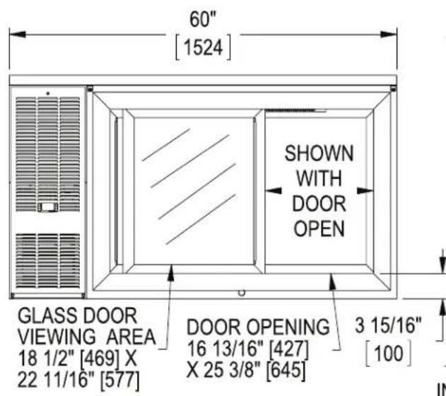 60" [1524] SHOWN WITH DOOR OPEN GLASS DOOR VIEWING AREA 18 1/2" [469] X 22 11/16" [577] DOOR OPENING 16 13/16" [427] X 25 3/8" [645] 3 15/16" [100]