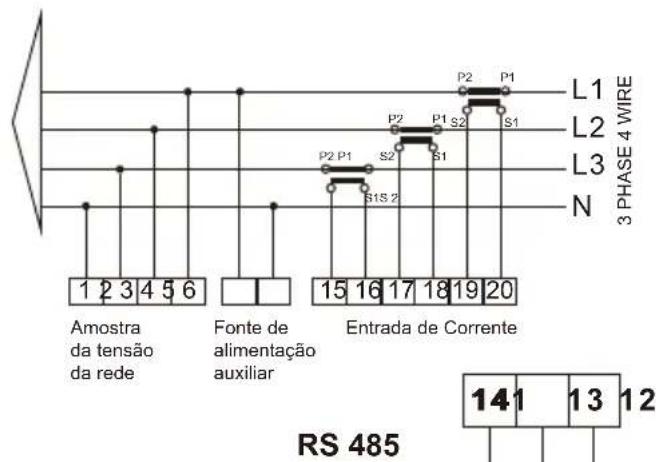 L1 L2 L3 N 3 PHASE 4 WIRE Amostra da tensão da rede Fonte de alimentação auxiliar Entrada de Corrente 15 16 17 18 19 20 RS 485 141 13 12